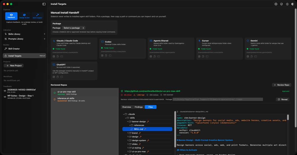 Sidekick previewing a reusable SKILL.md, its YAML frontmatter (name, description, license) and steps, beside the skill's file tree
